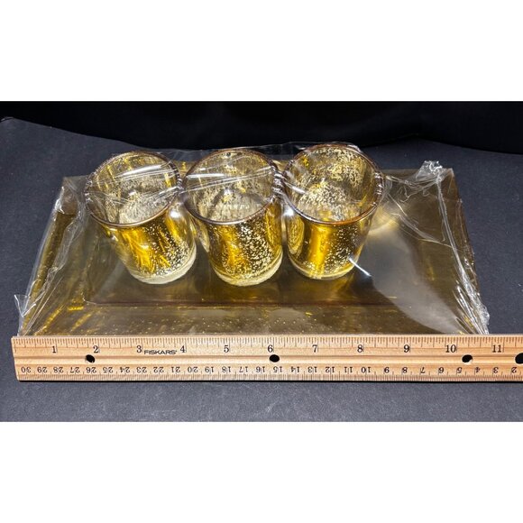 3 Piece Gold Color Glass Tealight Candle Holder Set On Rectangular Tray Stones - Picture 4 of 7